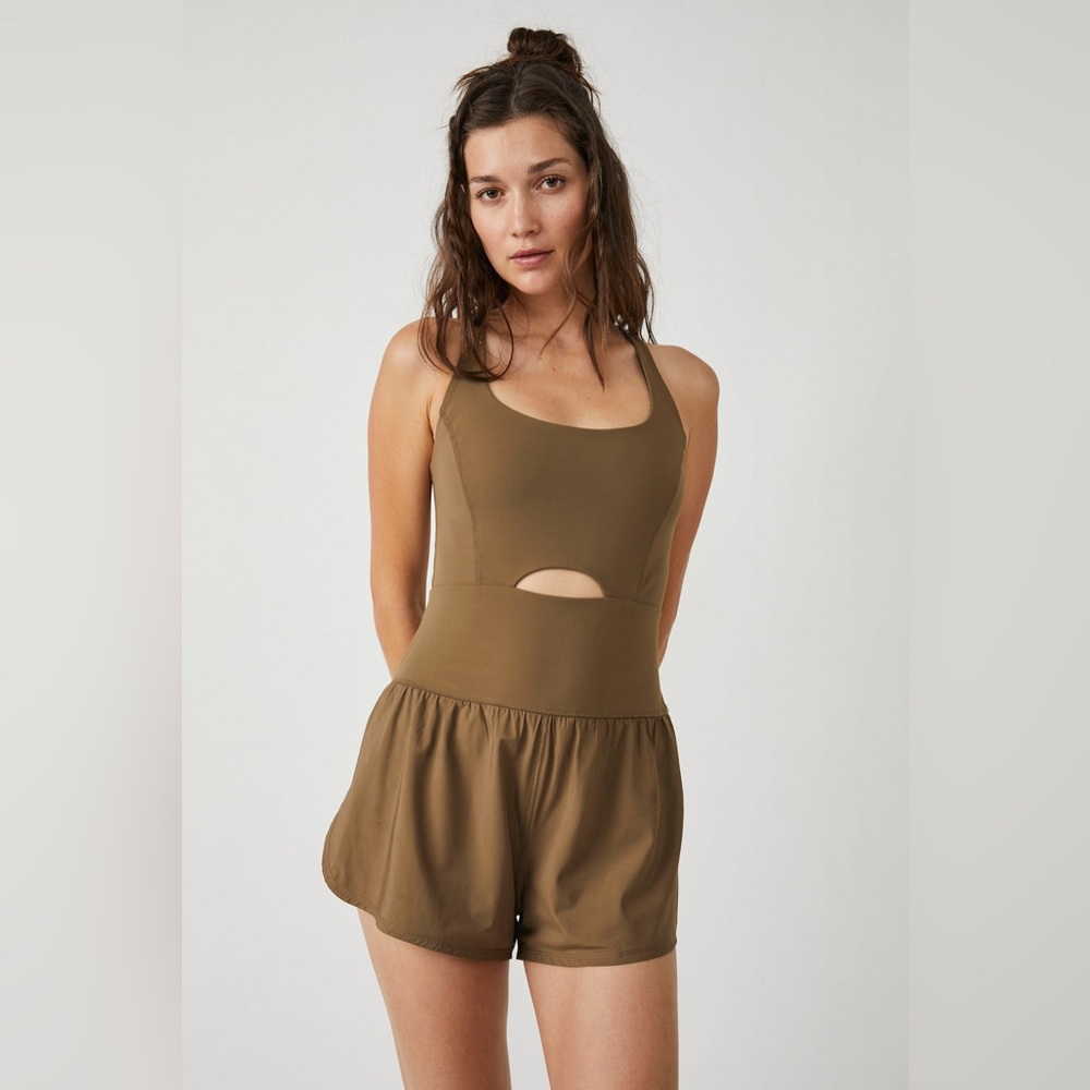 FP Movement XS Righteous Runsie Romper Tea Leaves Strappy‎ Cut-Out Athleisure